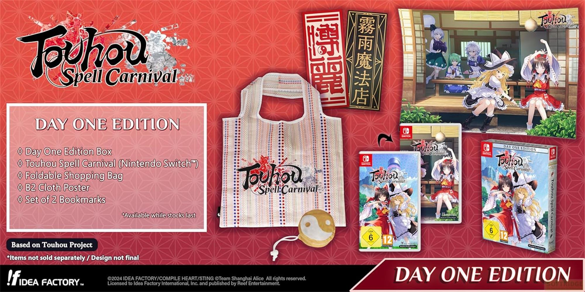 Arte promozionale per 'Touhou Spell Carnival' Edizione Day One, con gioco, borsa, poster e segnalibri.