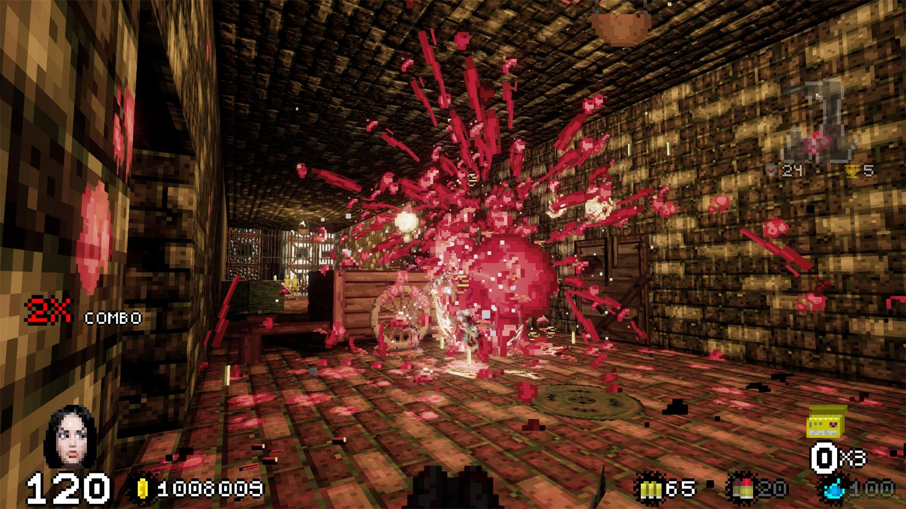 Jeu de tir 3D pixellisé : explosion de sang rouge devant un mur en bois.