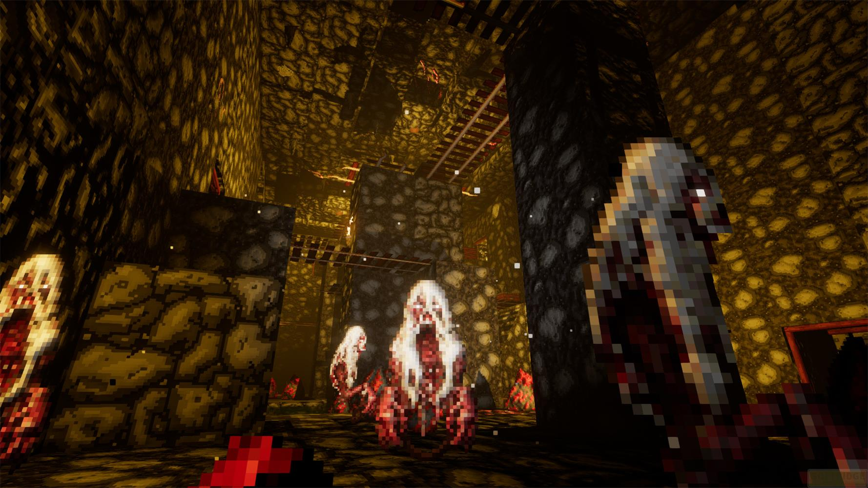Personnages d'horreur pixellisés aux cheveux blancs dans une grotte de pierre sombre avec échelles.