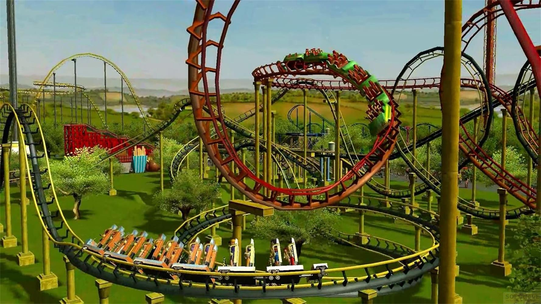 A roller coaster with green cars goes through a loop and over hills. There are many tracks.