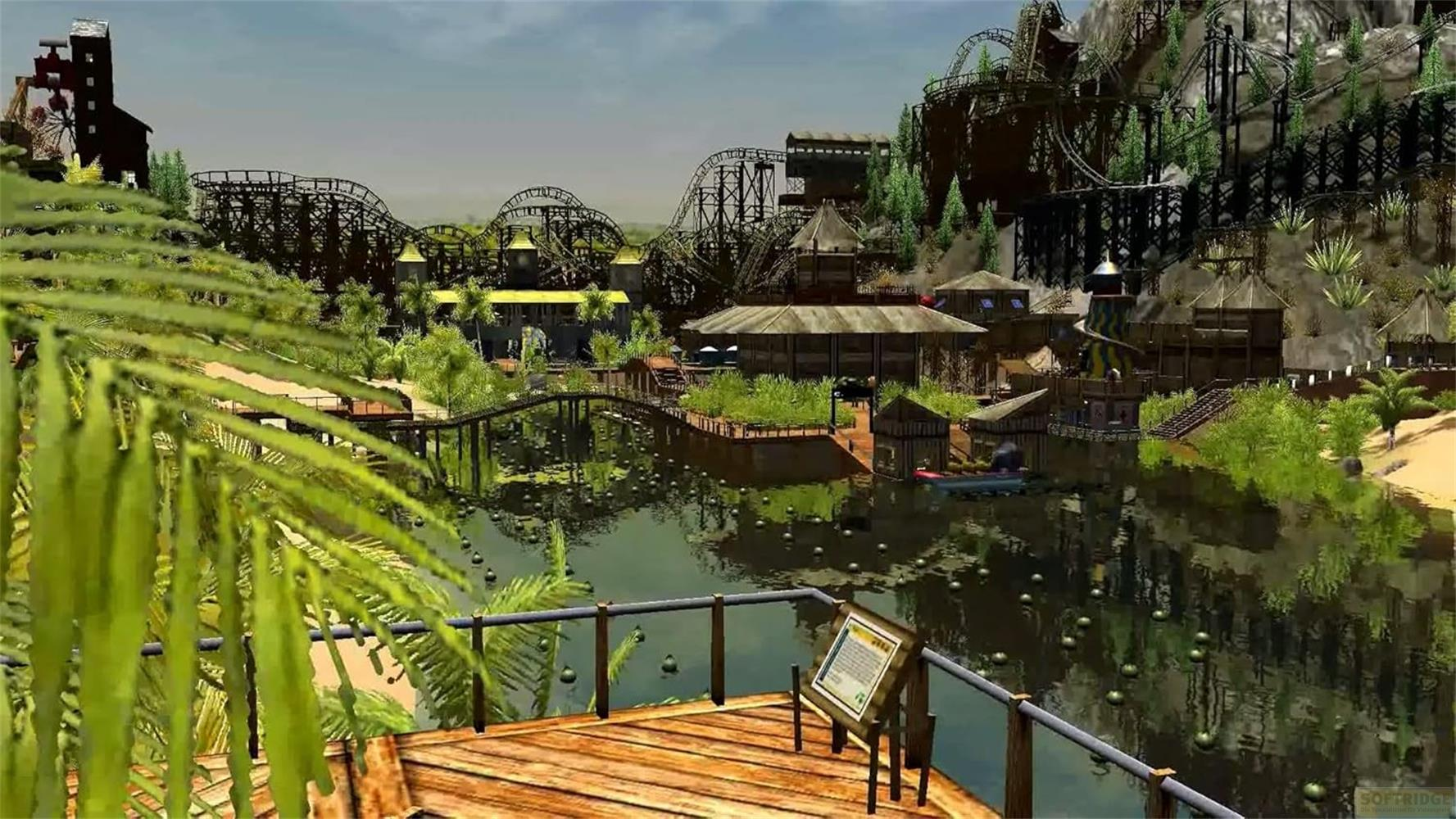 Ein Vergnügungspark mit Achterbahnen und Gebäuden am Wasser.