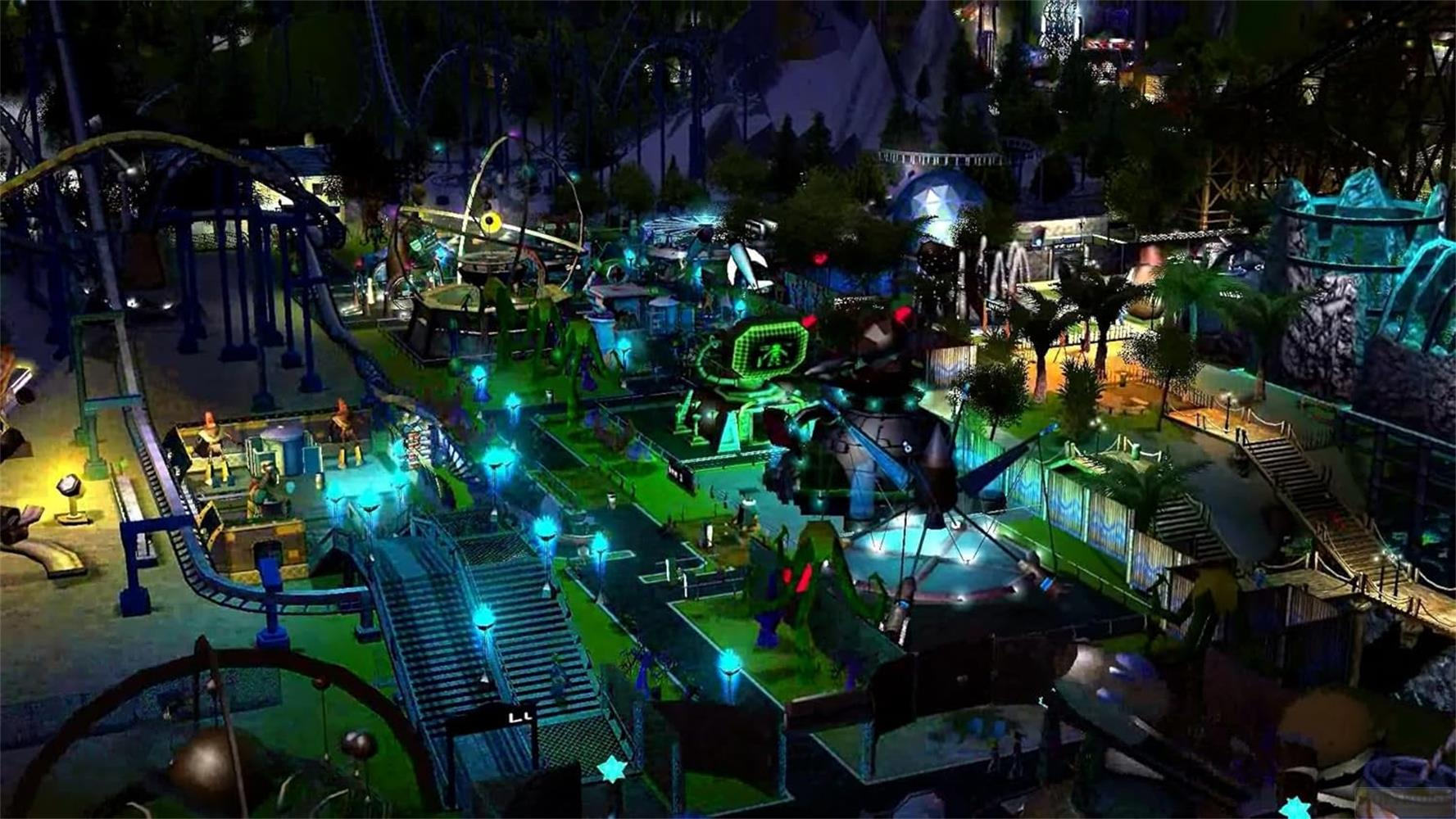 Ein belebter Freizeitpark bei Nacht mit Achterbahnen und hellen Lichtern.