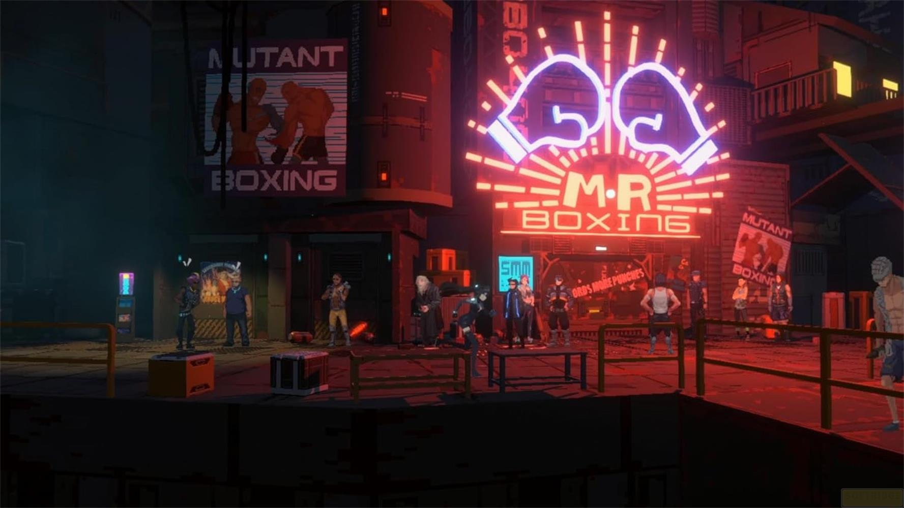 Luci al neon illuminano una scena notturna con pugili e un'insegna "M.R. BOXING".