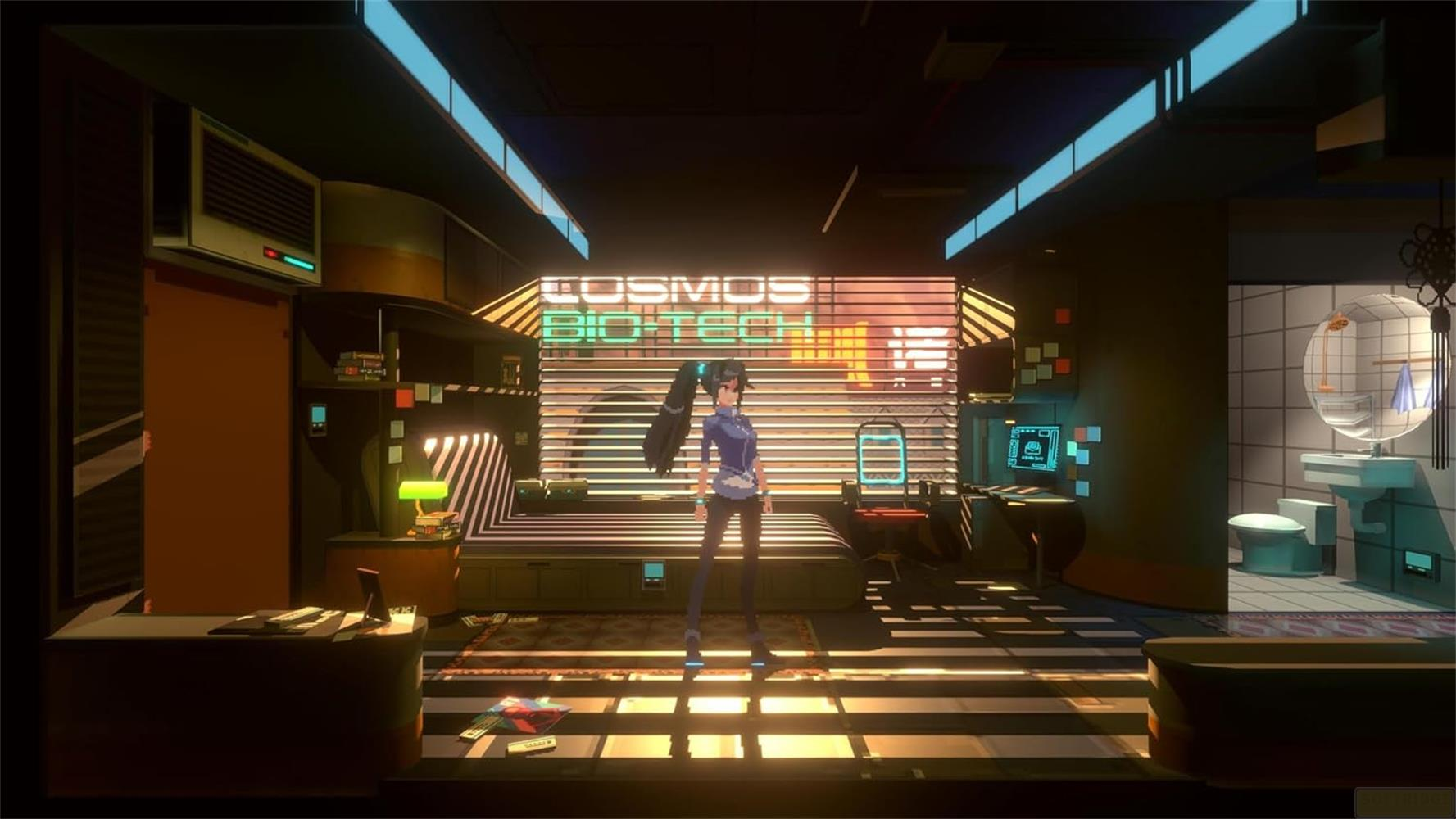 Una donna in una stanza futuristica con luci al neon e un cartello 'Cosmos Biotech'.