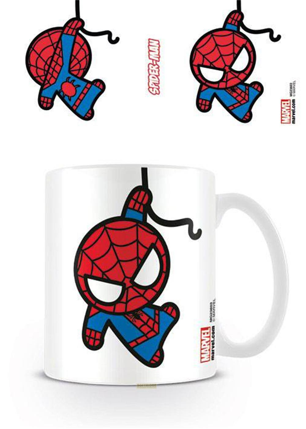 Ein Becher mit Spiderman im Comic-Stil, der an einem Faden hängt.