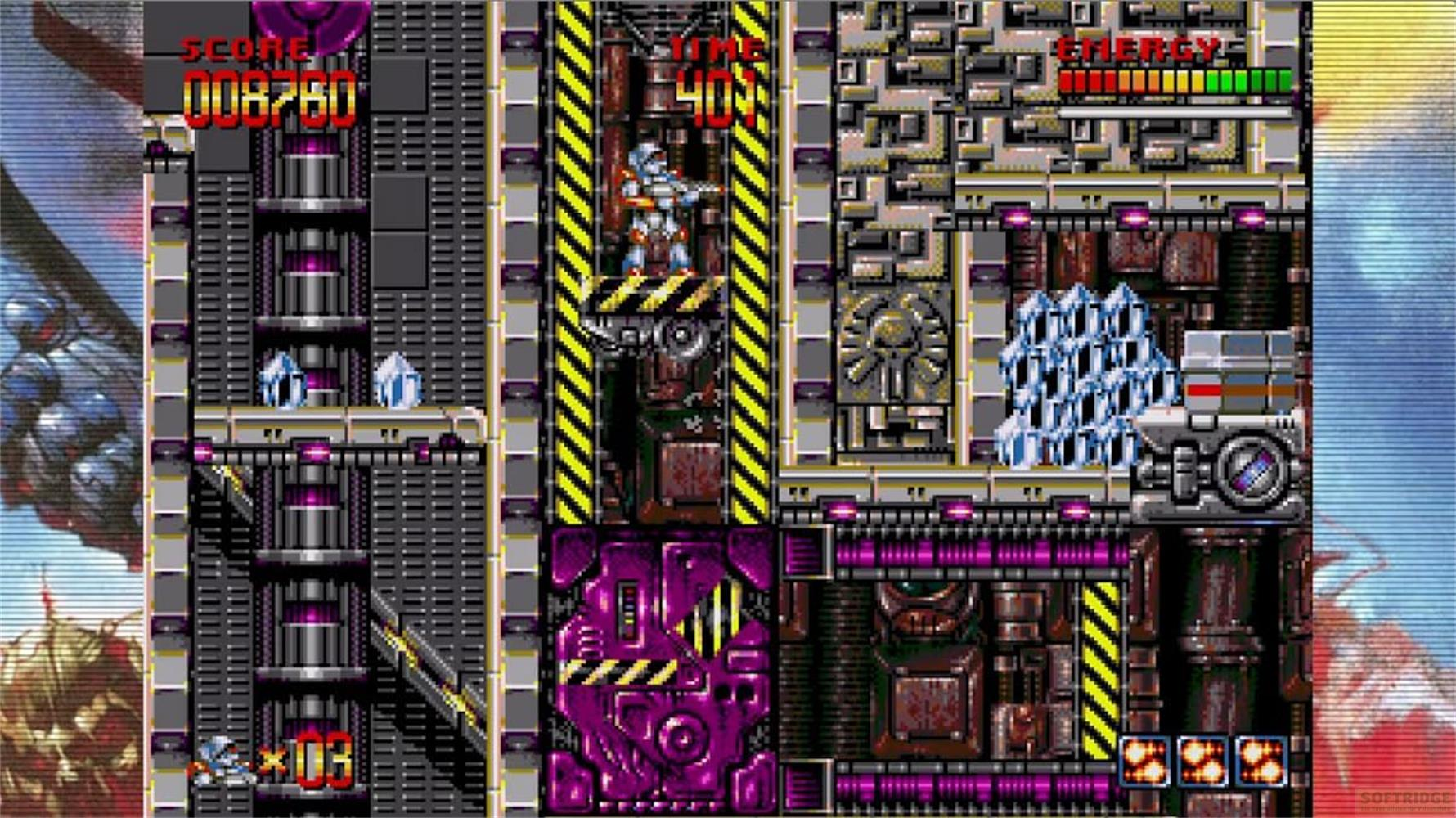 Schermata videogioco sci-fi con un robot e una barra energetica.