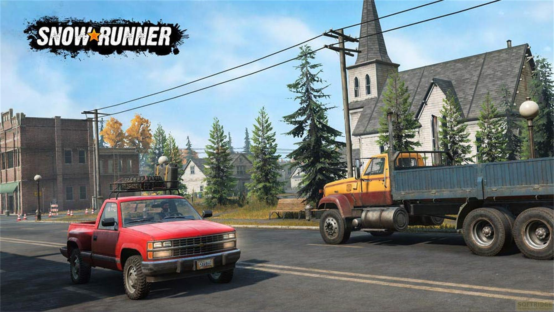Un pick-up rouge et un camion jaune sur une route devant une église et des bâtiments.