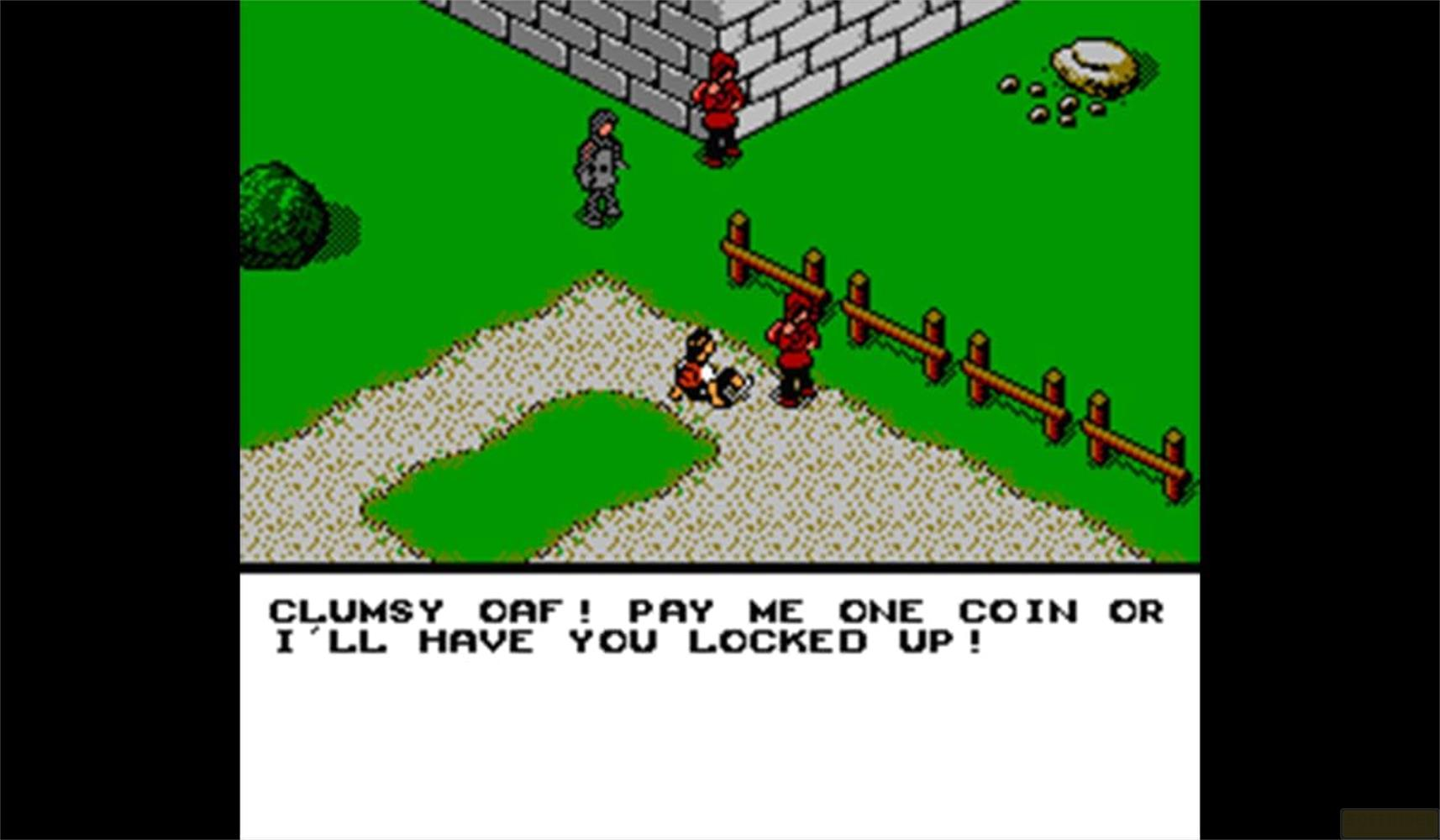 Scène de jeu pixellisée avec des personnages sur de l'herbe verte et un chemin.