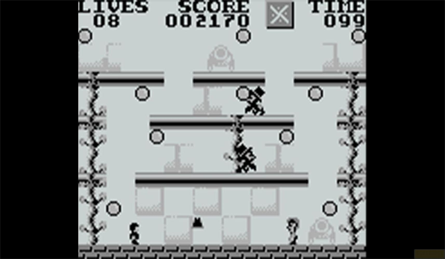 Un écran de jeu 2D montrant des personnages, des plateformes et un score.