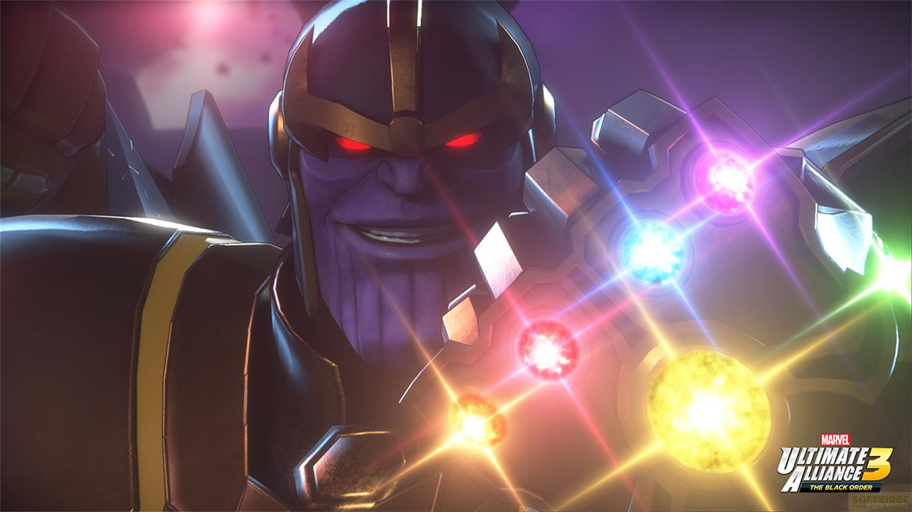 Thanos con Guanto dell'Infinito luminoso, occhi rossi, armatura scura.