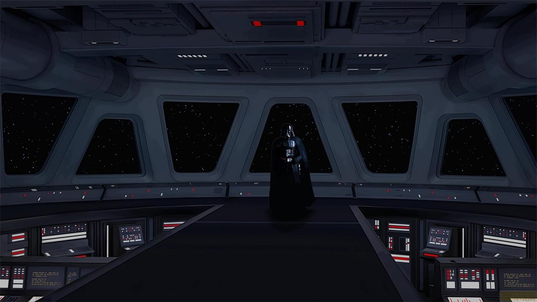 Dark Vador se tient sur le pont d'un vaisseau spatial, observant le ciel étoilé à travers de grandes fenêtres.
