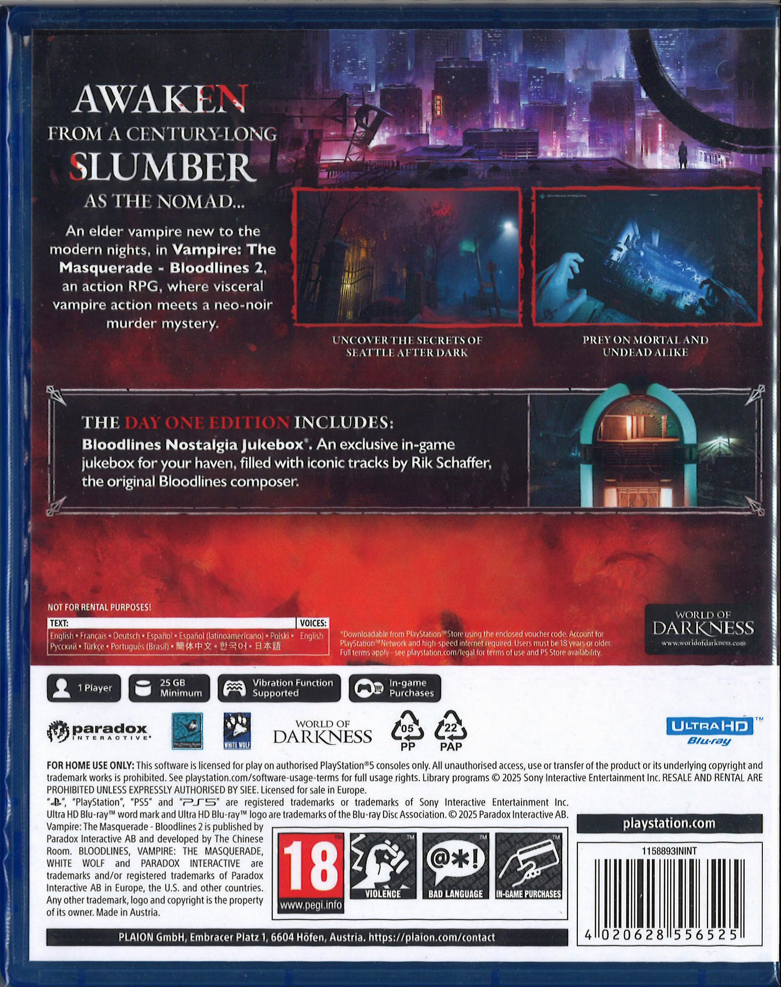 Okładka Vampire: The Masquerade - Bloodlines 2 przedstawia ciemne tło miasta.