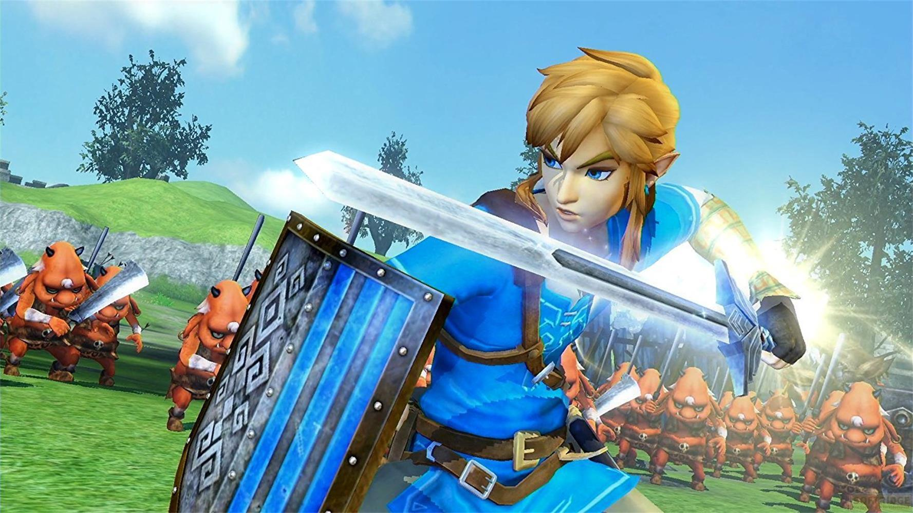 Link con spada e scudo combatte contro orde di creature arancioni.