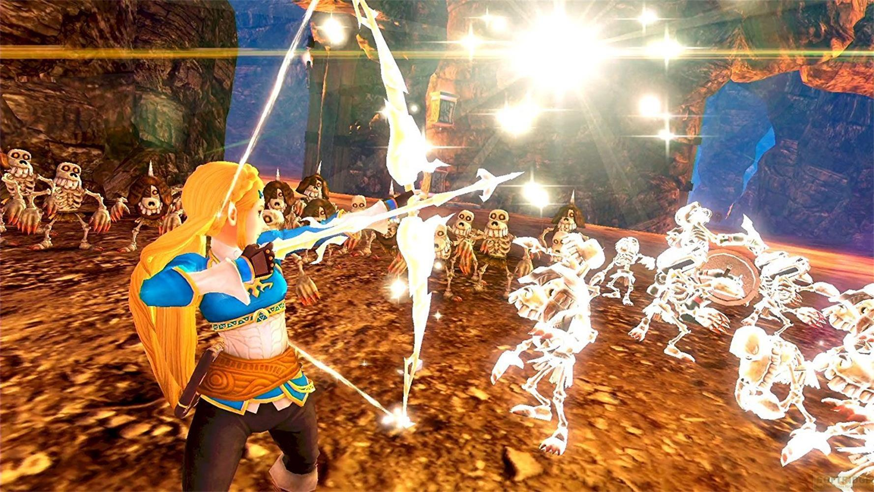 Zelda con l'arco combatte scheletri in una grotta.