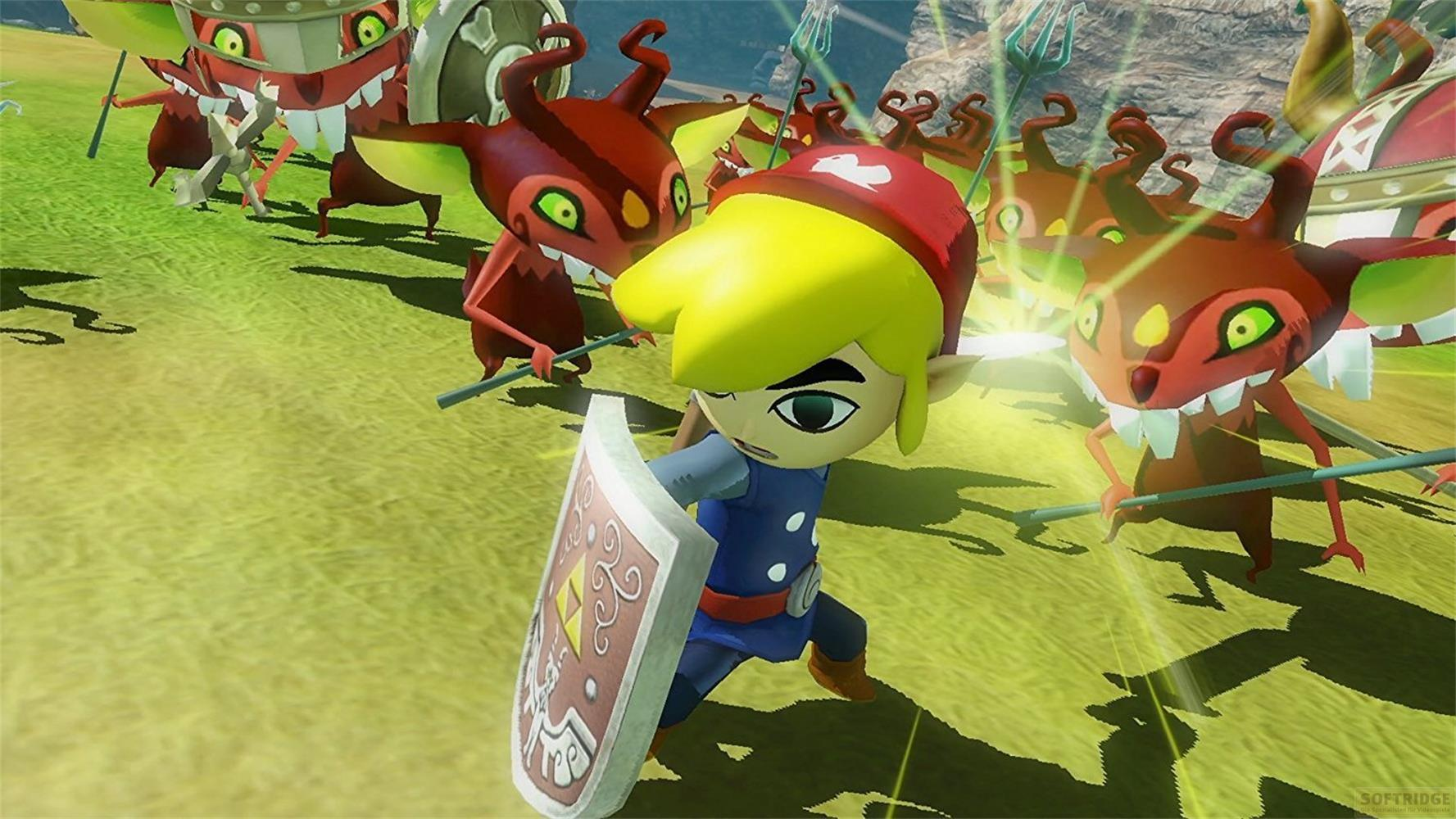 Link con scudo combatte diavoli rossi con lance su campo verde.