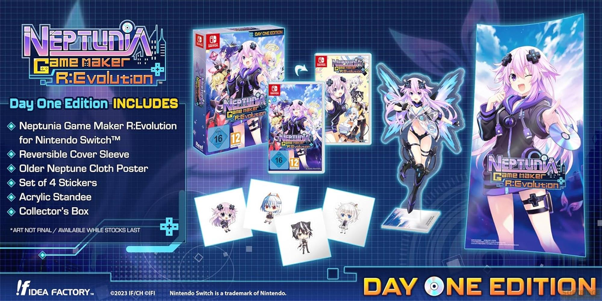 L'edizione Day One di Neptunia Game Maker R:Evolution include gioco, poster, adesivi e altro.