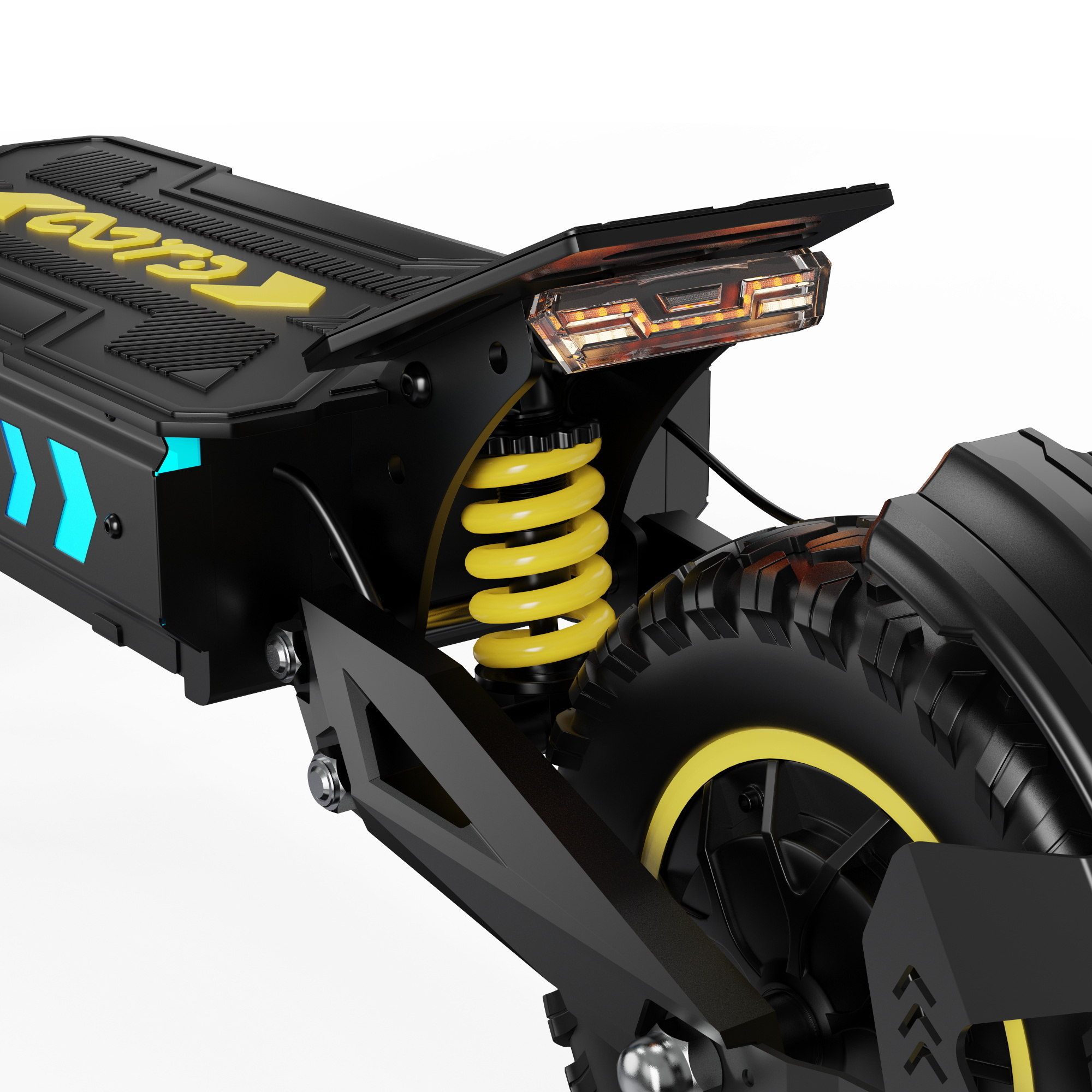 Czarna hulajnoga elektryczna z żółtymi akcentami, amortyzatorem i światłem.