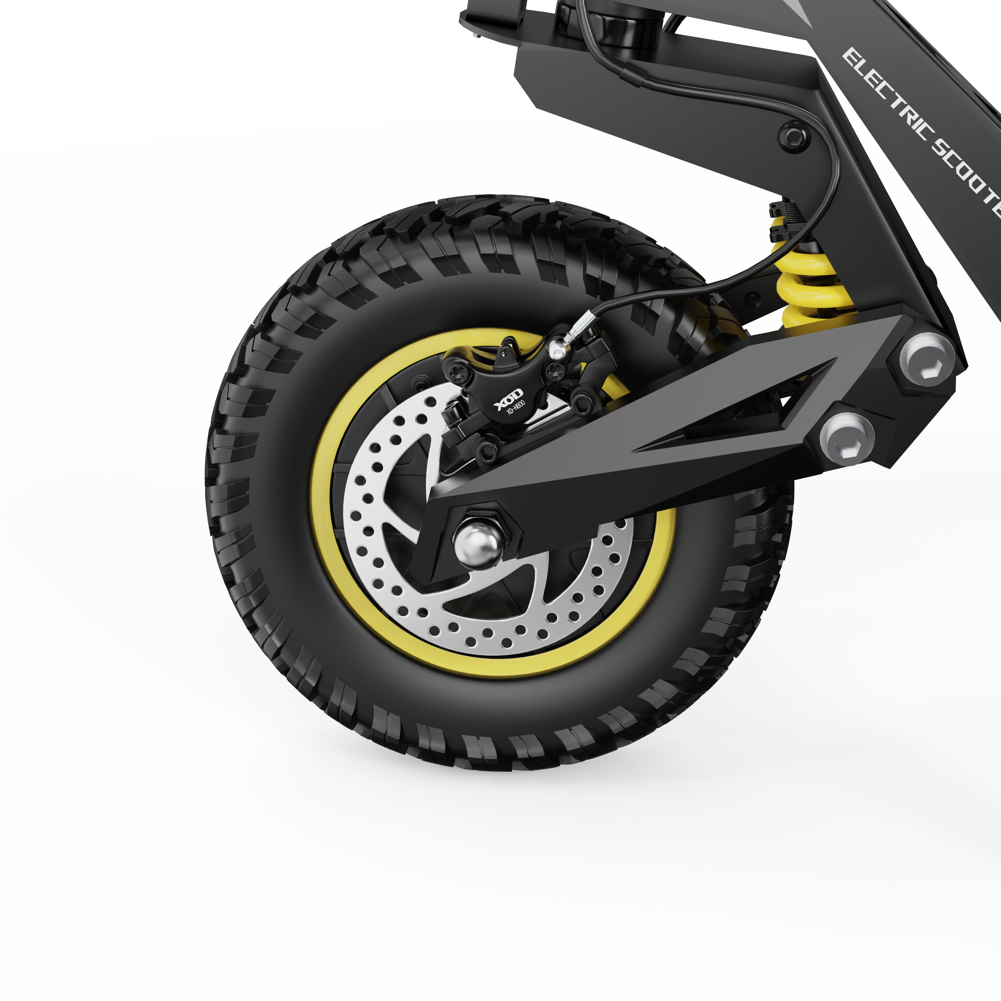 Zbliżenie koła hulajnogi elektrycznej z żółtym zawieszeniem i hamulcem.