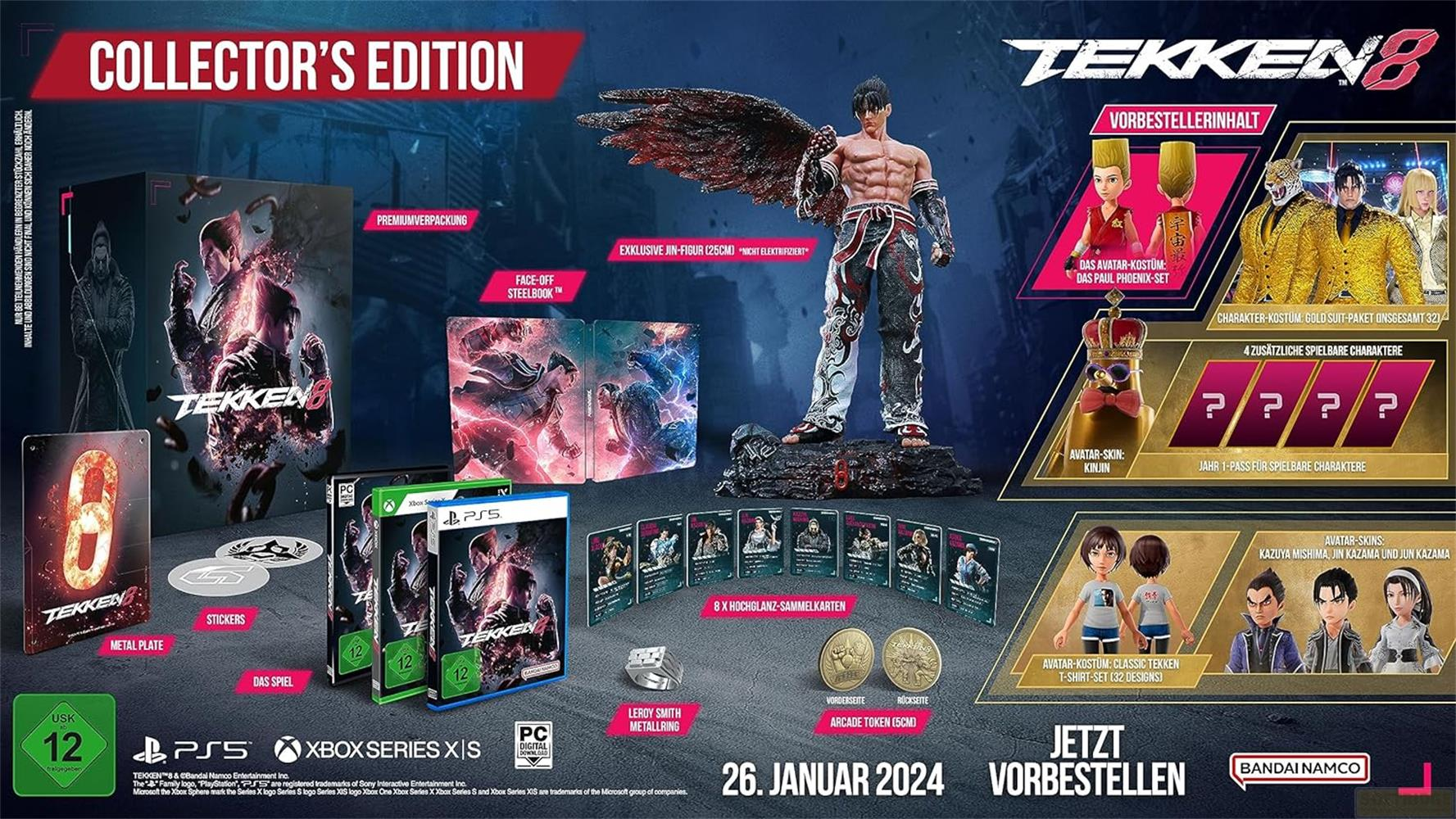 Tekken 8 Collector's Edition: Jin-Figur, Steelbook, Spiel, Sammelkarten, Ring, Token.
