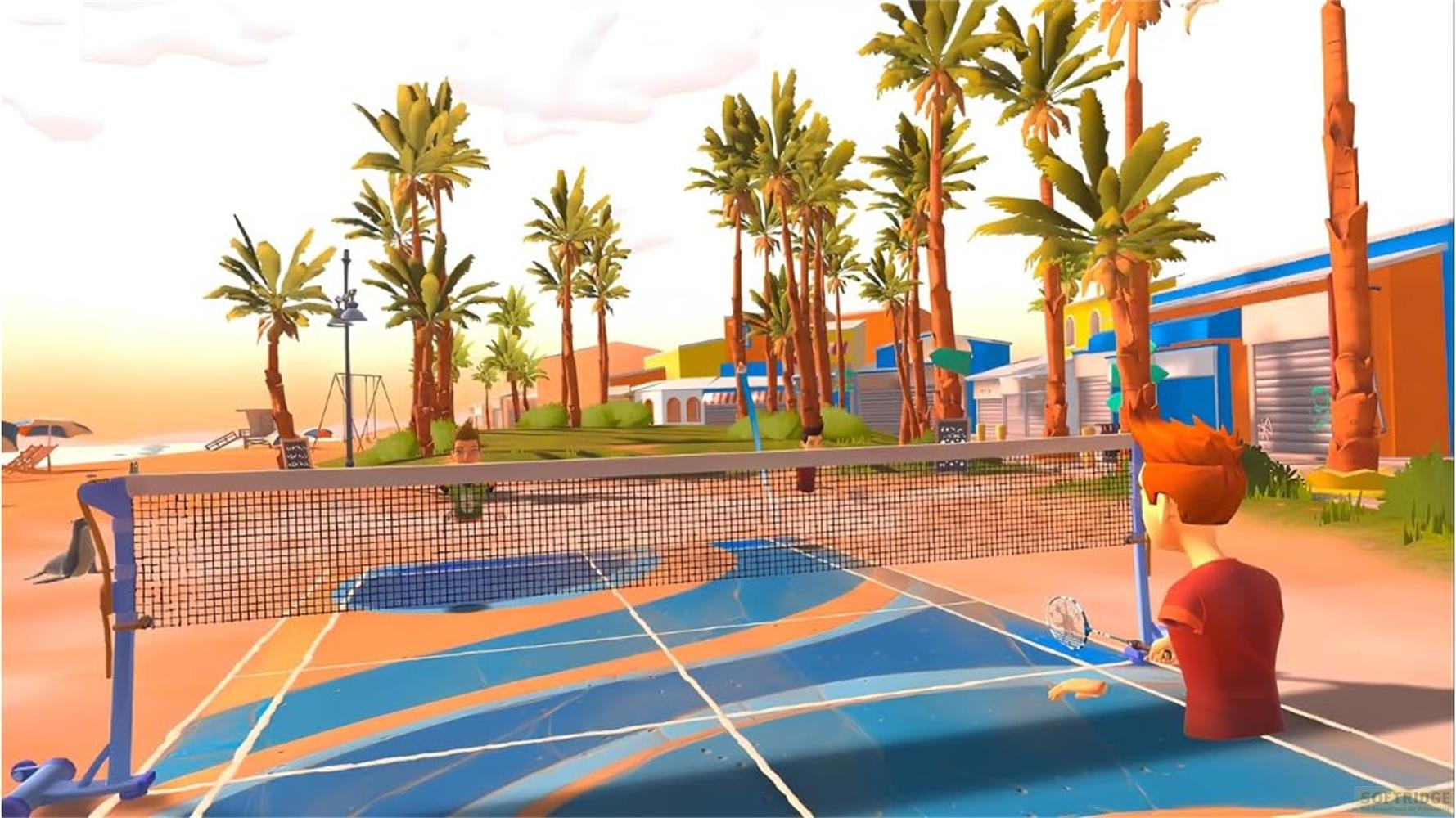 Scena di spiaggia con palme, rete da pallavolo e giocatori in azione.
