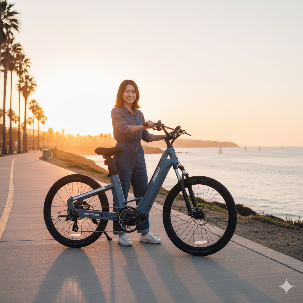 Kobieta z rowerem elektrycznym na ścieżce przybrzeżnej o zachodzie słońca, palmy i żaglówki.