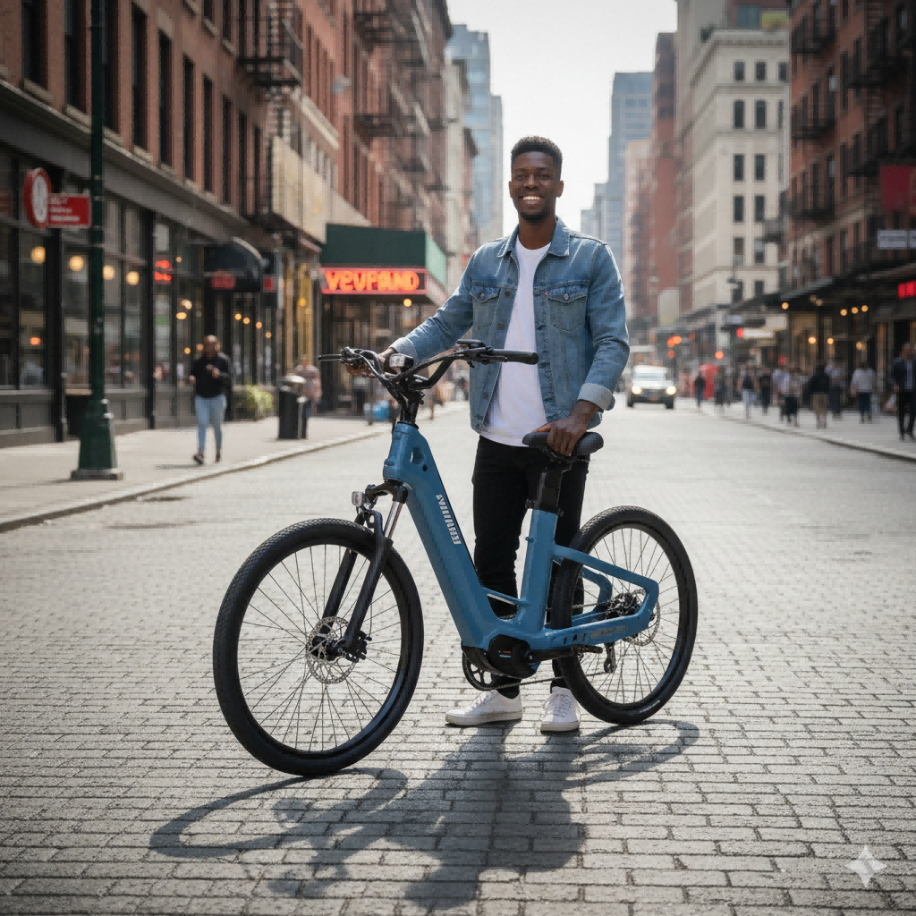 Mężczyzna stoi z niebieskim rowerem na miejskiej, brukowanej ulicy.