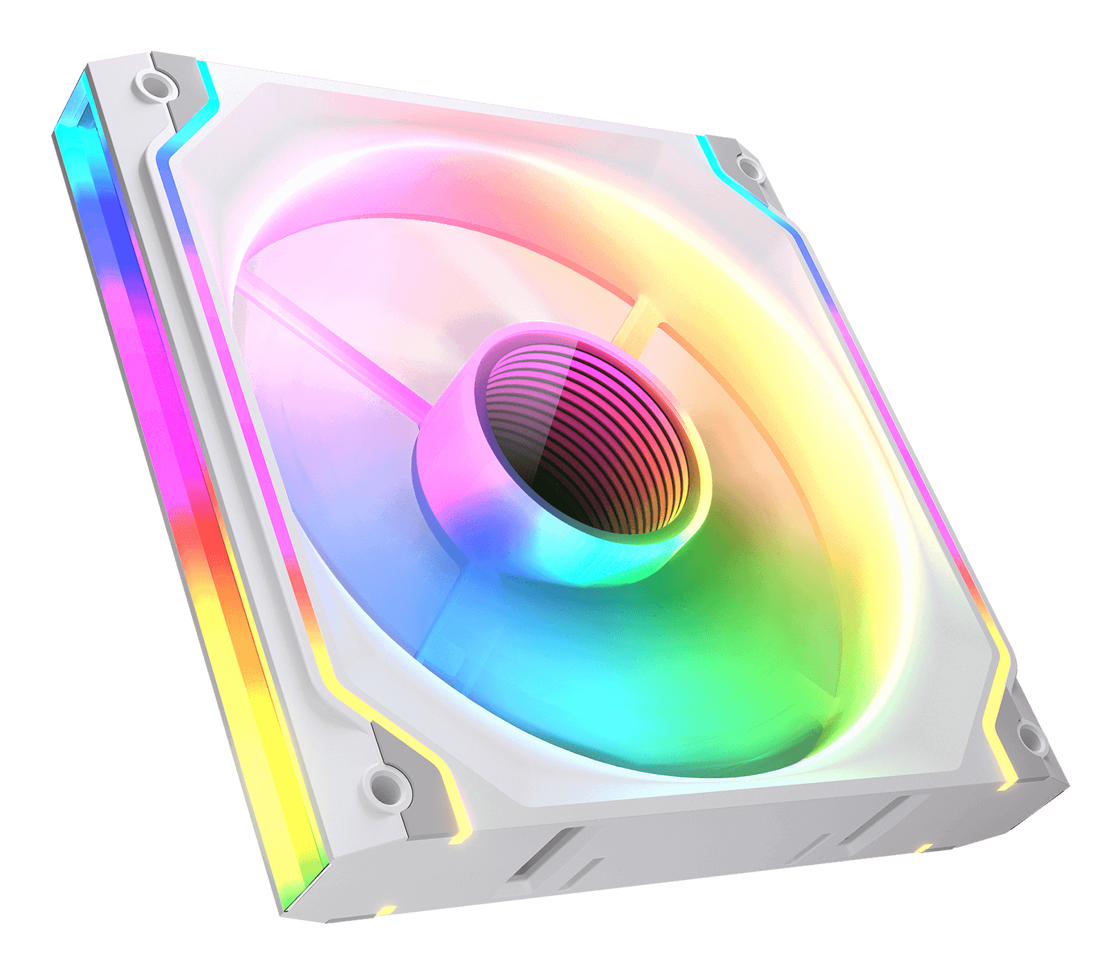 Ventilador de PC blanco con iluminaci ón RGB, que muestra colores de azul a amarillo.