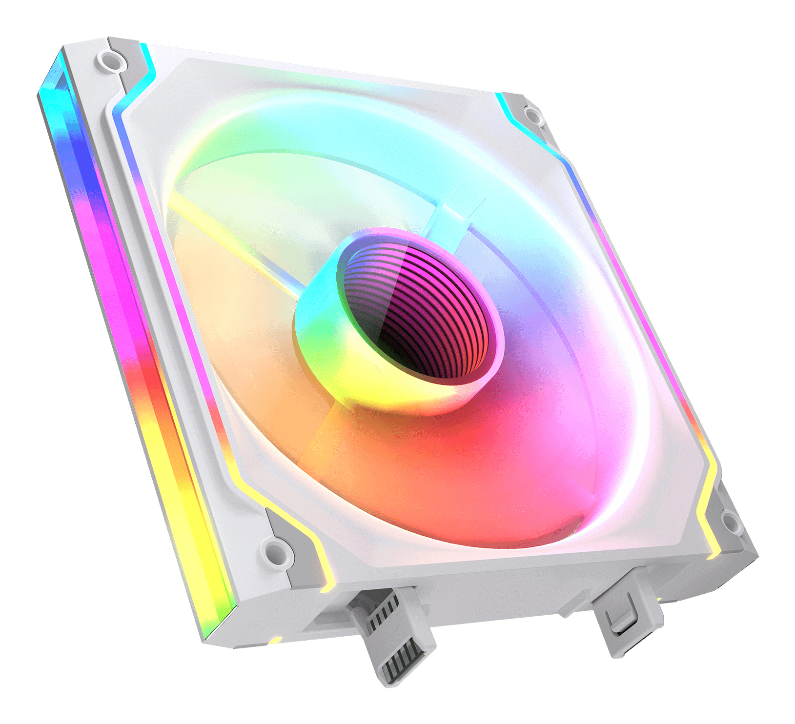 Un ventilador de PC blanco con iluminación RGB, mostrando colores de arcoíris.