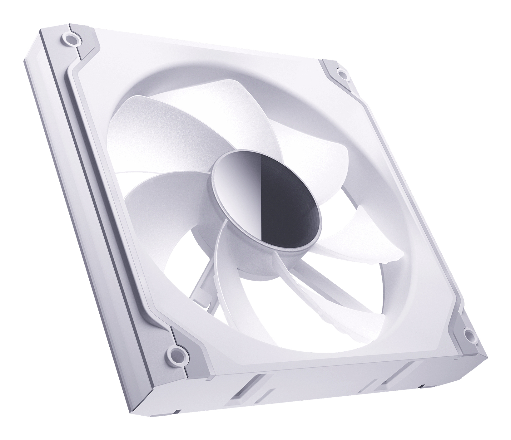 Un ventilador de computadora blanco con seis aspas mostrado en detalle.