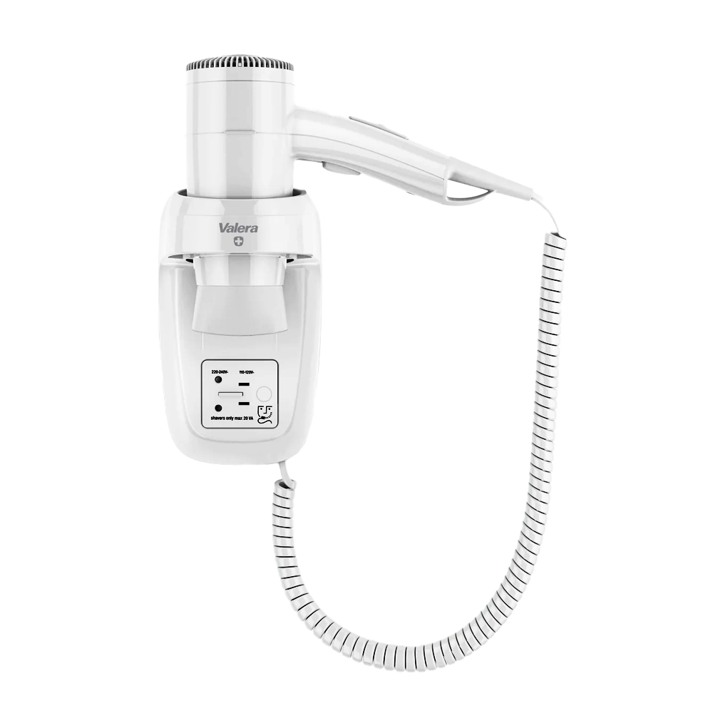 Biała ścienna suszarka do włosów Valera z wysuwanym kablem i gniazdem golarki.