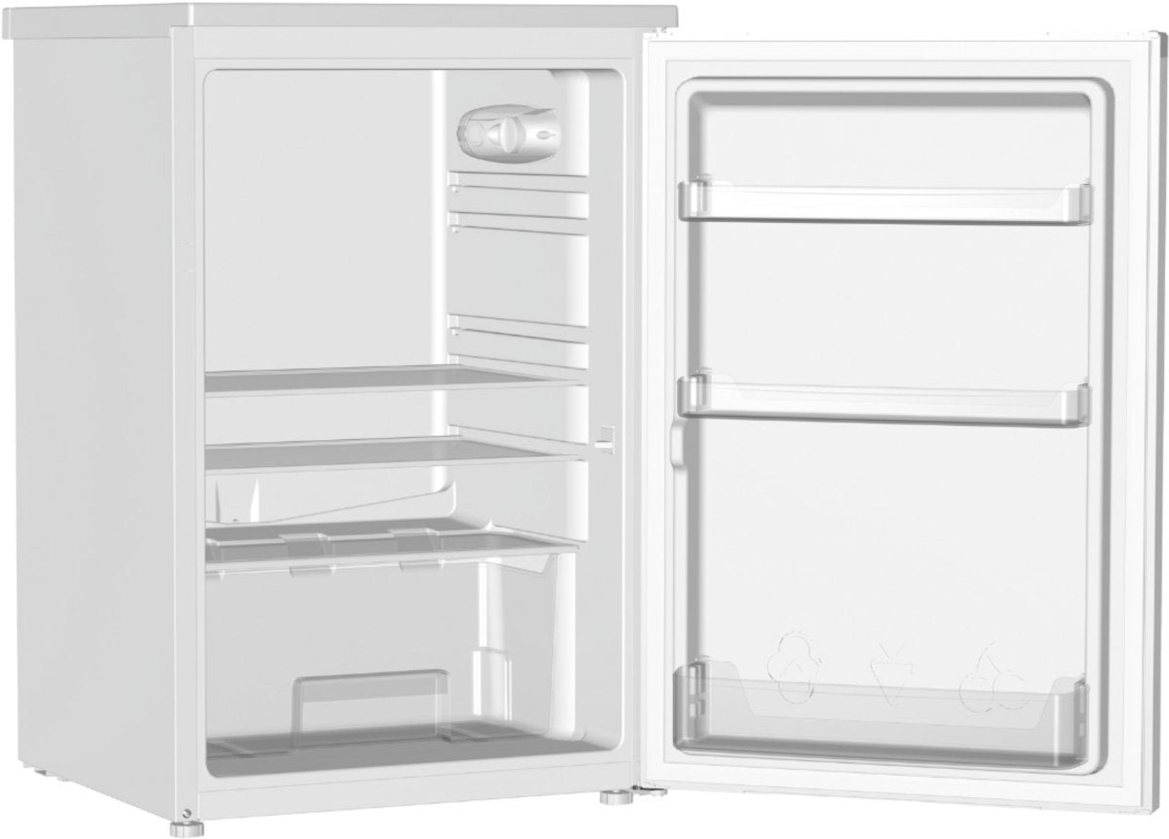 Un réfrigérateur blanc porte ouverte, montrant des étagères vides.