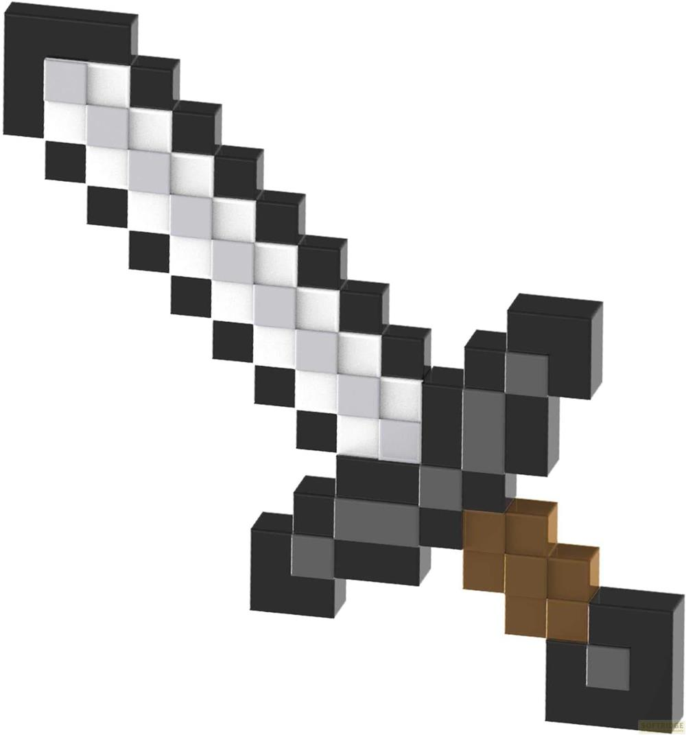 Pixelige Klinge mit schwarzem Griff und brauner Parierstange.