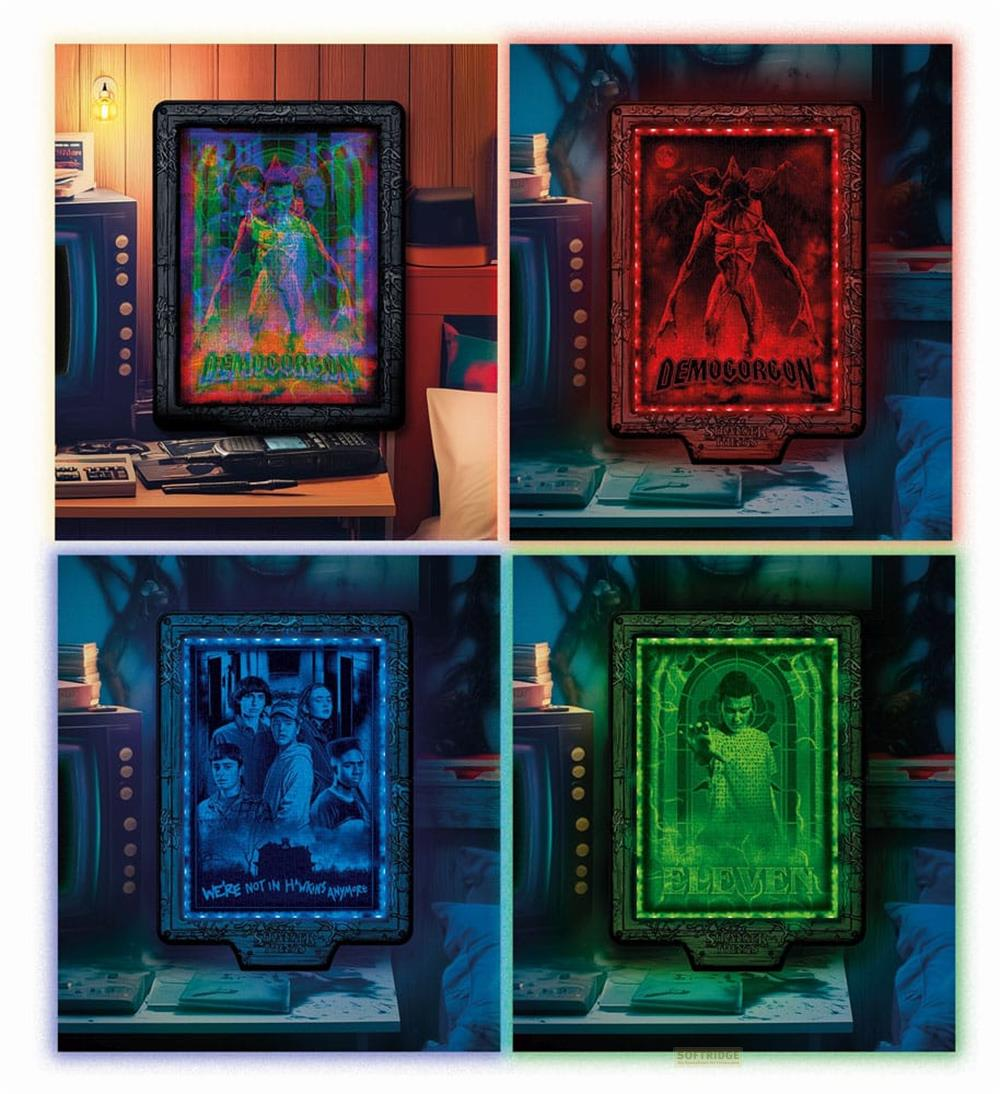 Vier "Stranger Things" Lichter: Demogorgon (lila/grün), Demogorgon (rot), Charaktere (blau), Elf (grün).