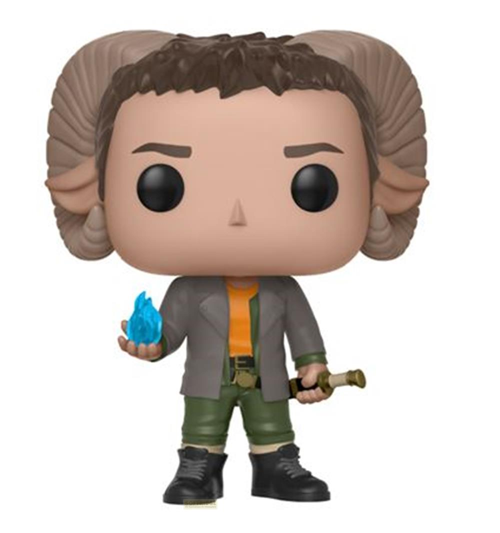 Figura Funko Pop de un hombre con cuernos sosteniendo llamas azules y un telescopio.