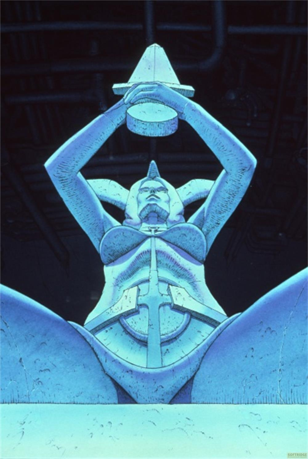 Une sculpture éclairée en bleu d'une femme tient un cône au-dessus de sa tête.