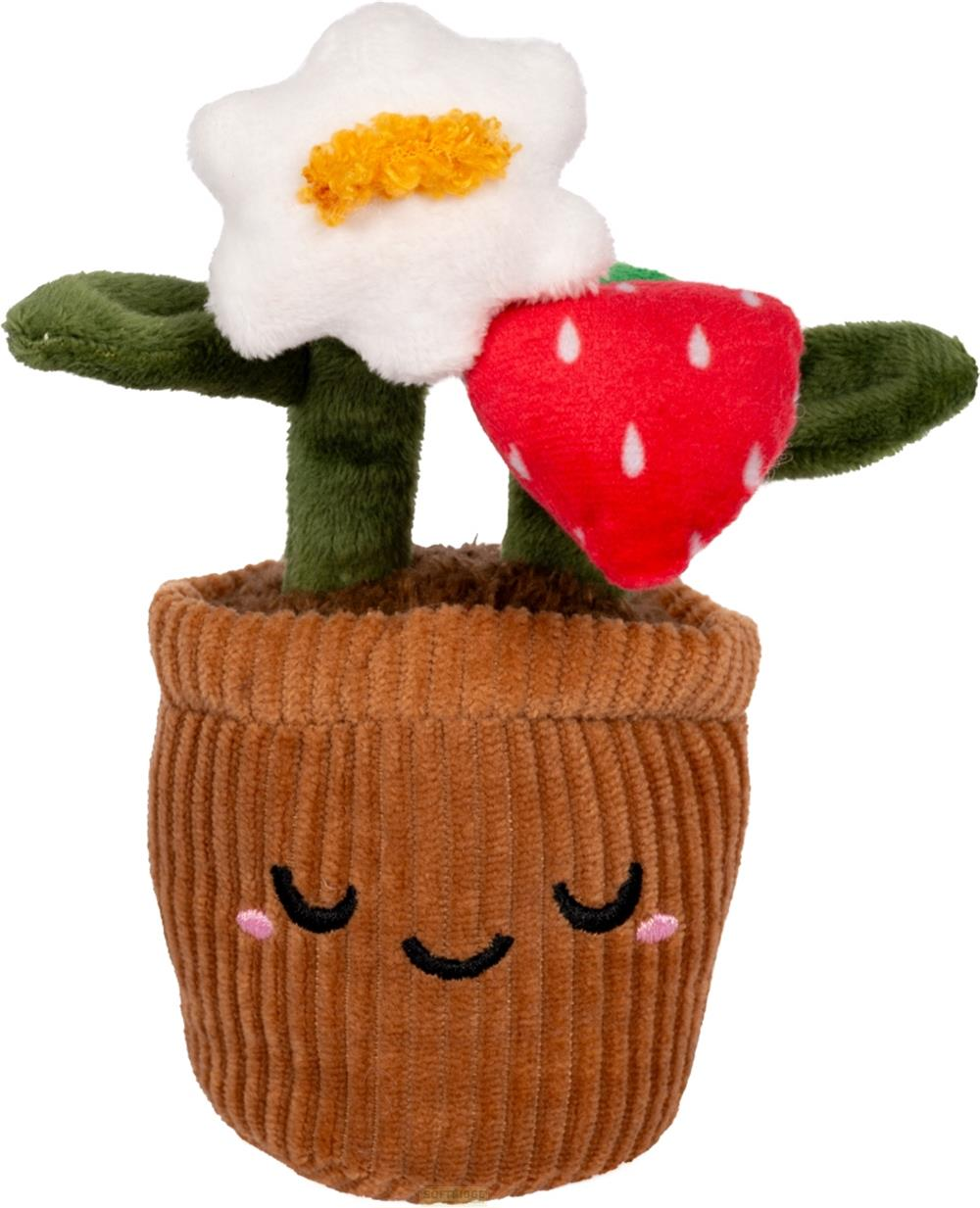 Plüschtopf mit lächelndem Gesicht, grünen Stielen, weißer Blume und roter Erdbeere.