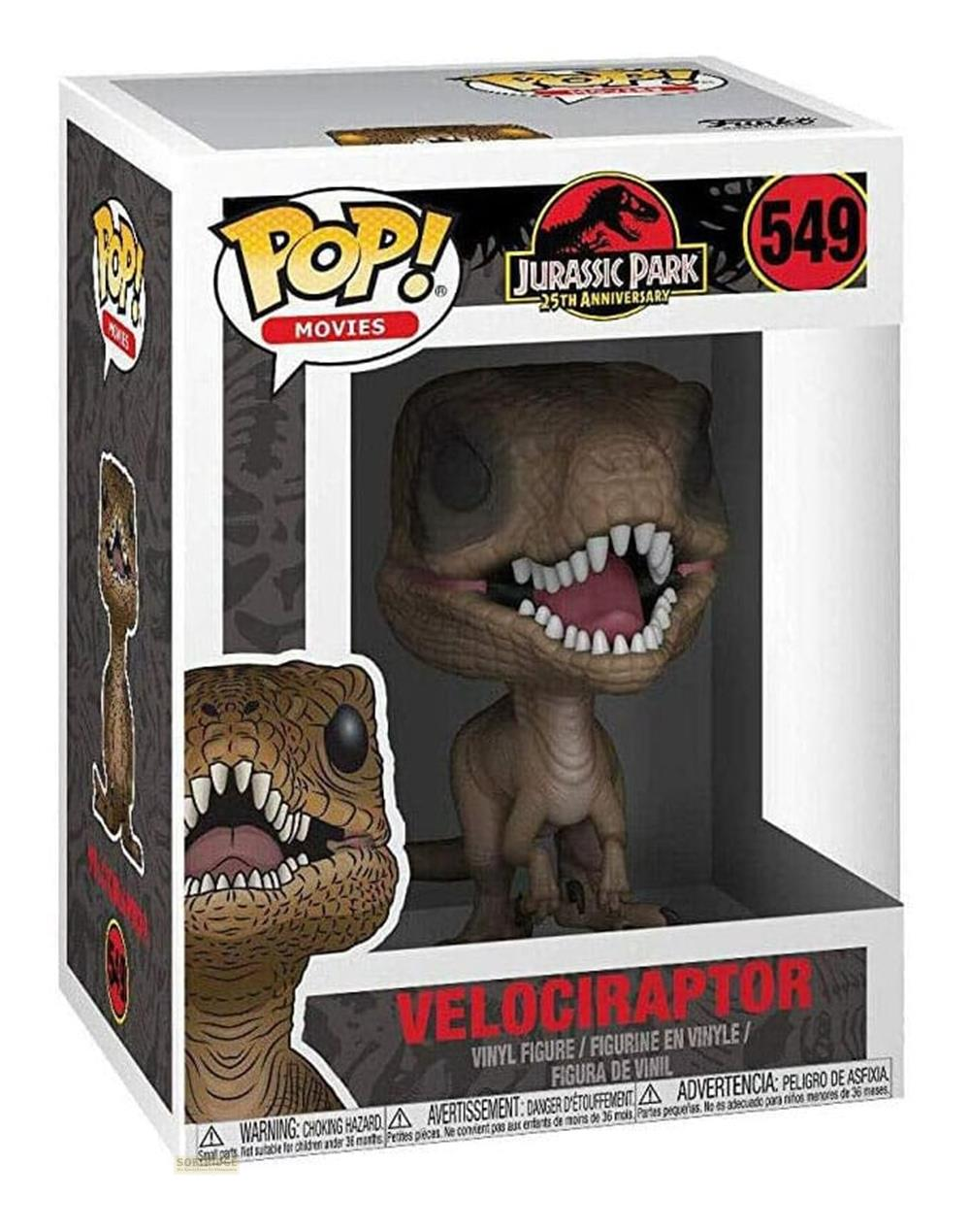 Una figureina in vinile Funko Pop! di un Velociraptor di Jurassic Park nella sua scatola.