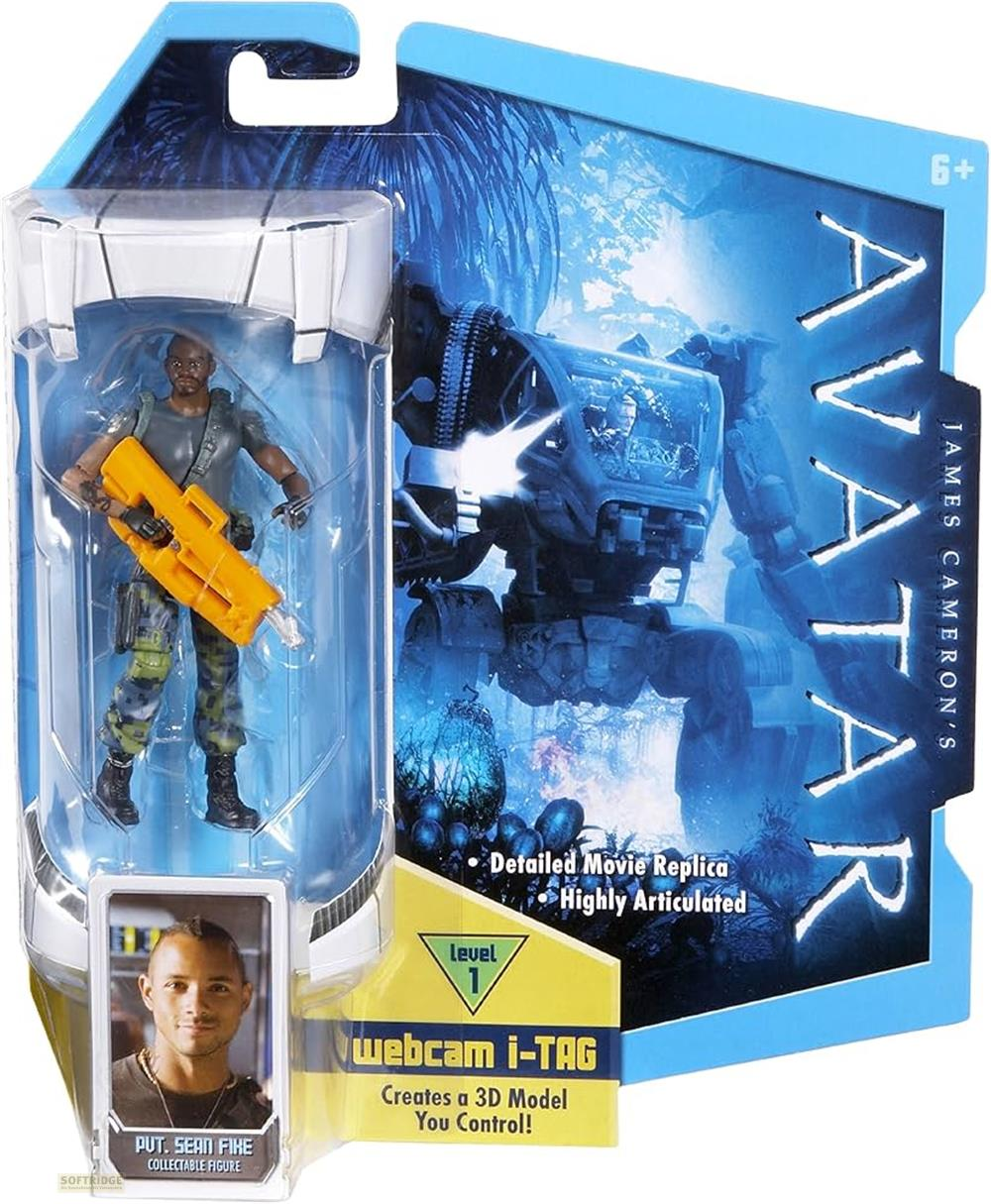 Action figure Avatar di Sean Fike in confezione con arma, tuta mech sullo sfondo.