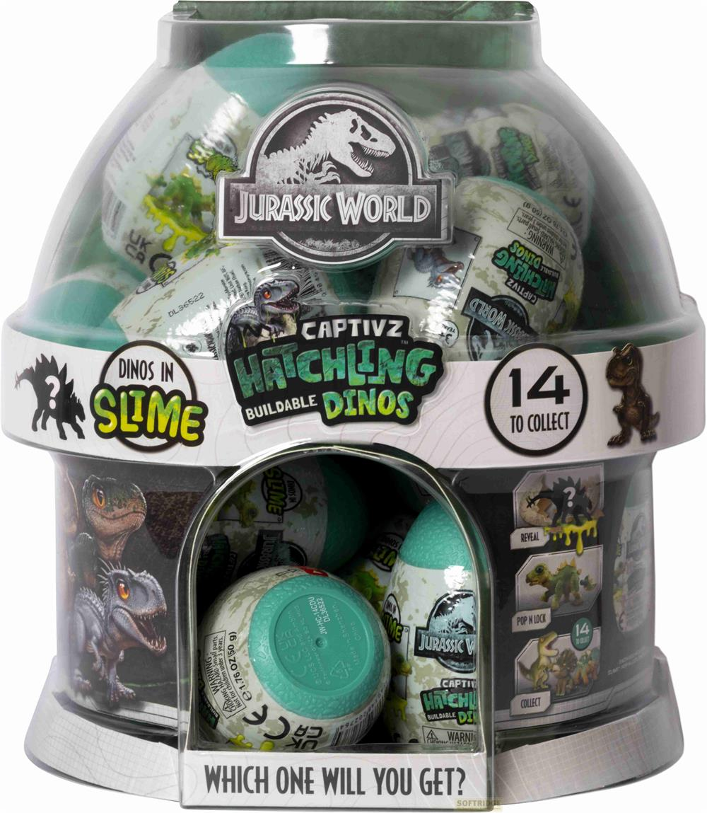 Jurassic World Captivz Hatchling Dinos Spielzeug in einem durchsichtigen Behälter.