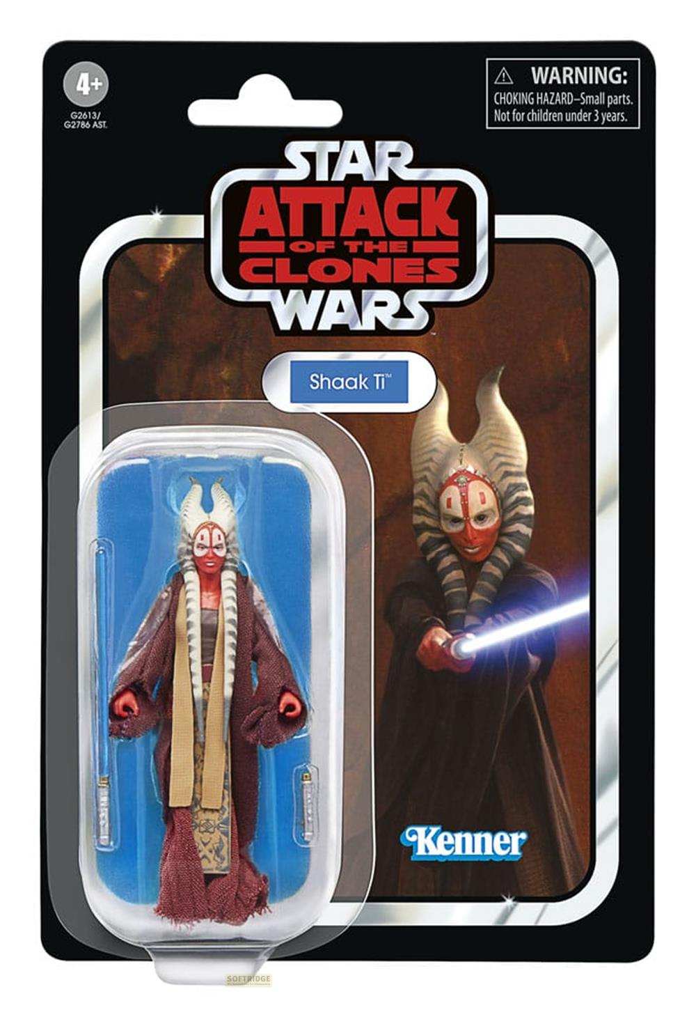 Figura de acción de Star Wars Shaak Ti en caja con sable de luz.