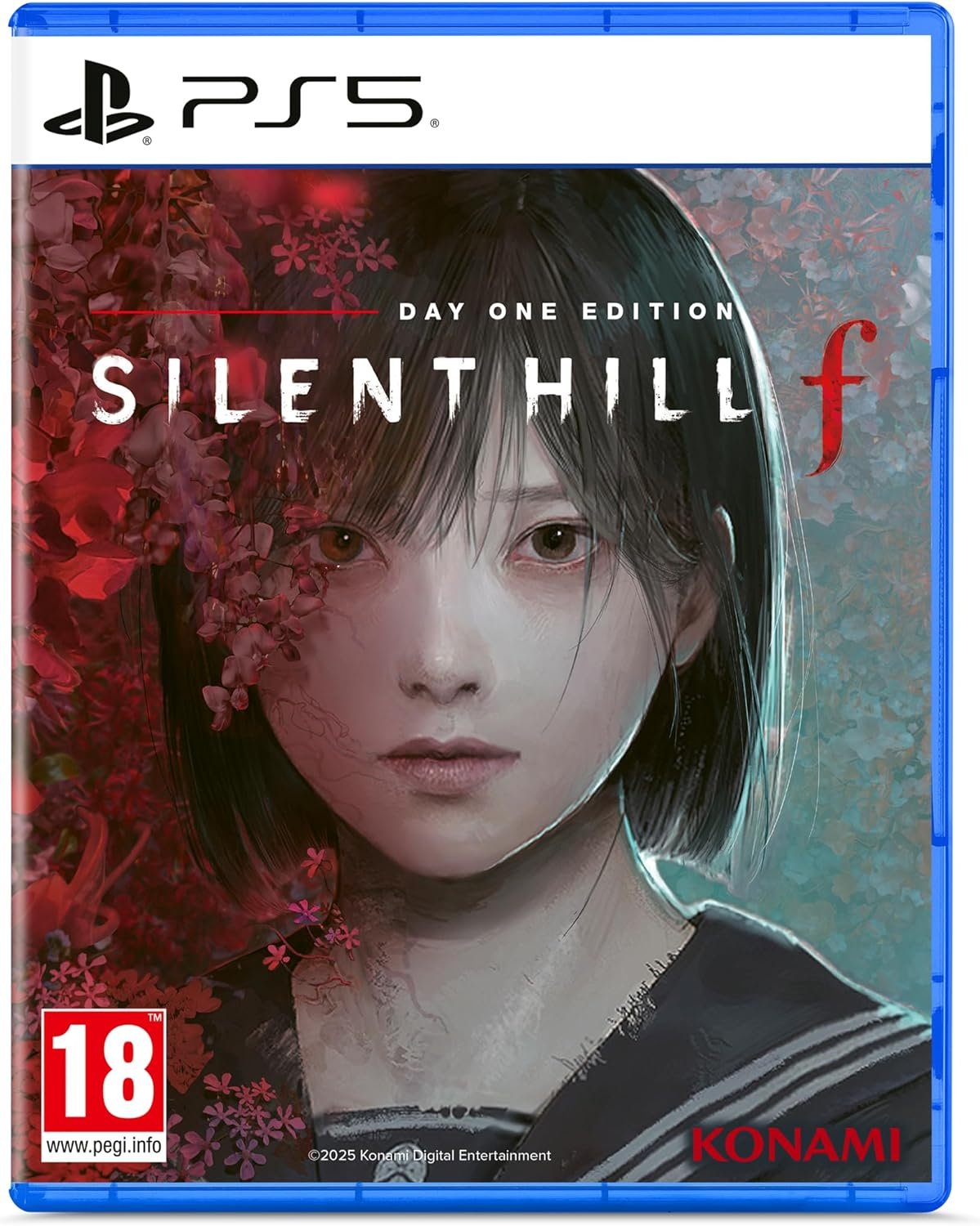 Okładka gry: dziewczyna z ciemnymi włosami, czerwone kwiaty. Silent Hill f, PS5, 18.