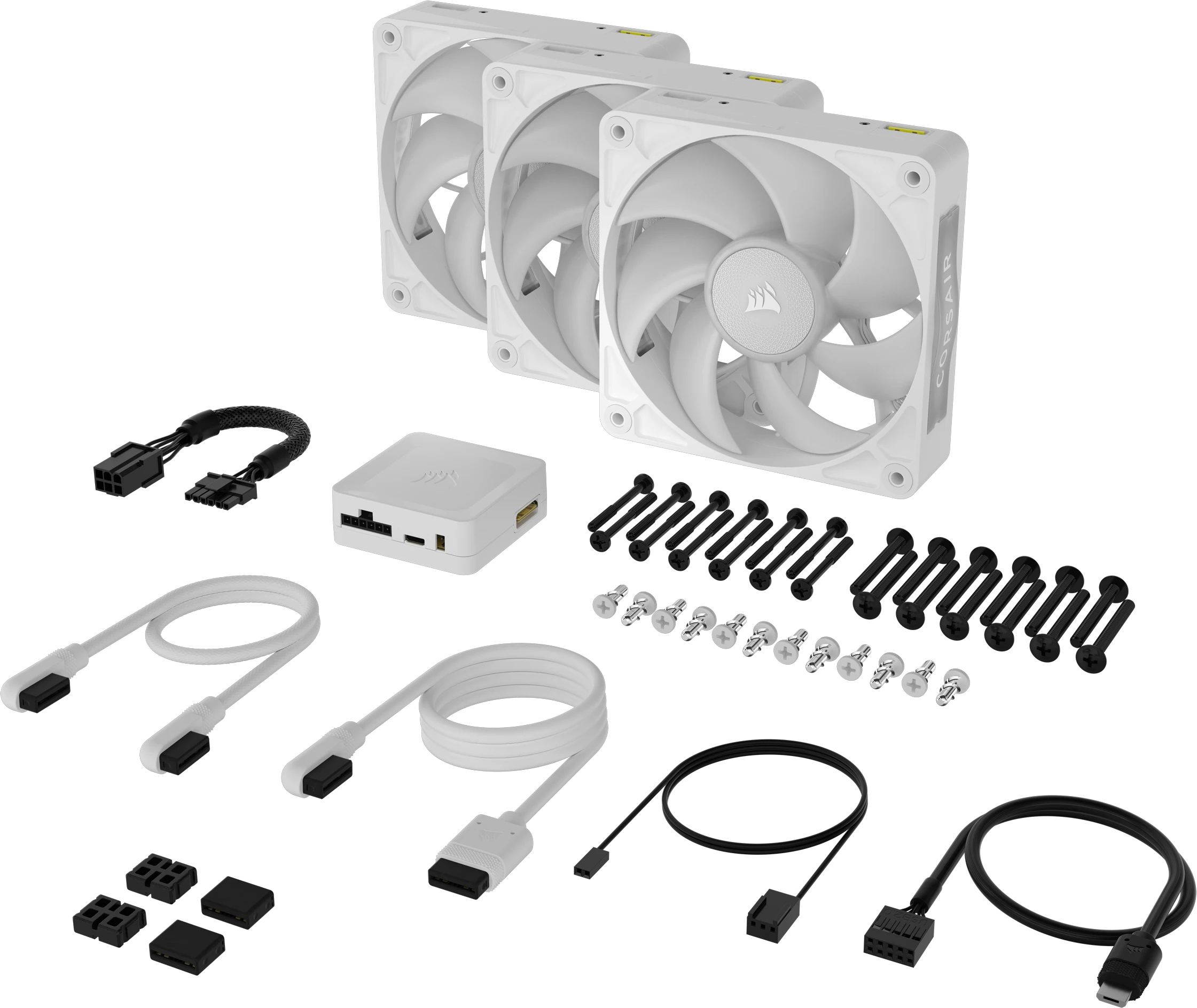 Tres ventiladores blancos Corsair con accesorios, cables y tornillos.