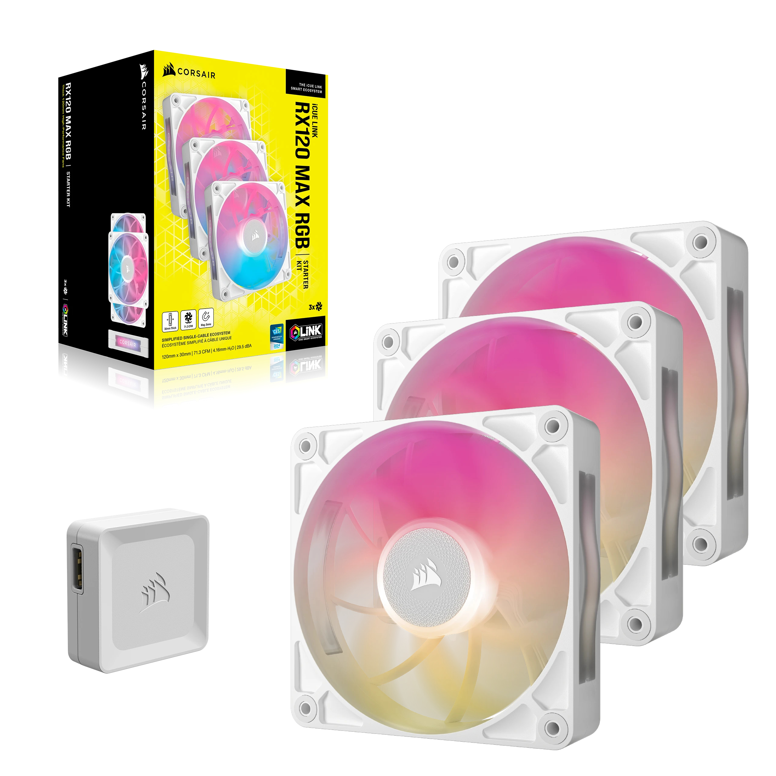 Ventiladores de PC Corsair RGB y controlador en embalaje blanco.