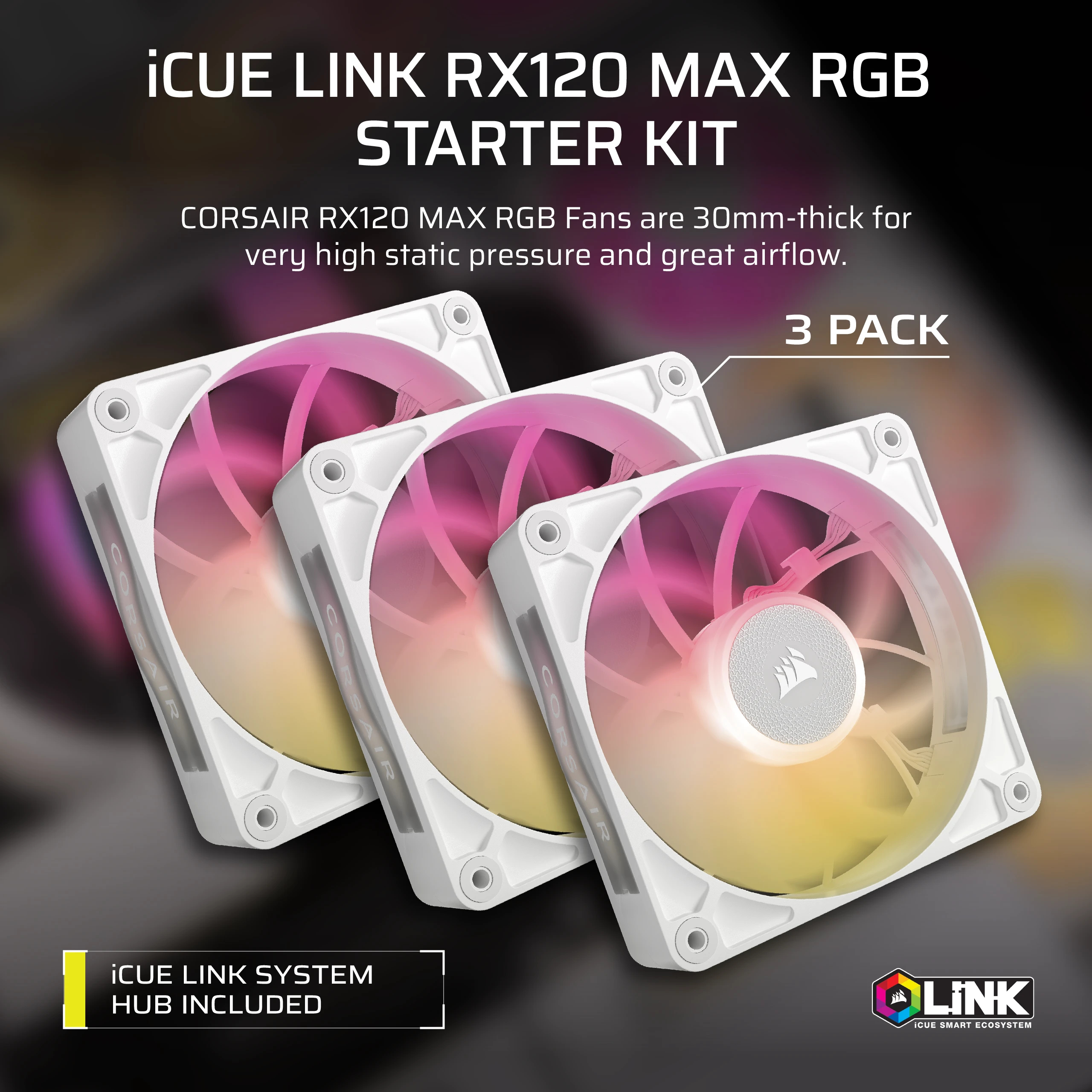 Tres ventiladores RGB blancos con luz rosa-amarilla, paquete de 3