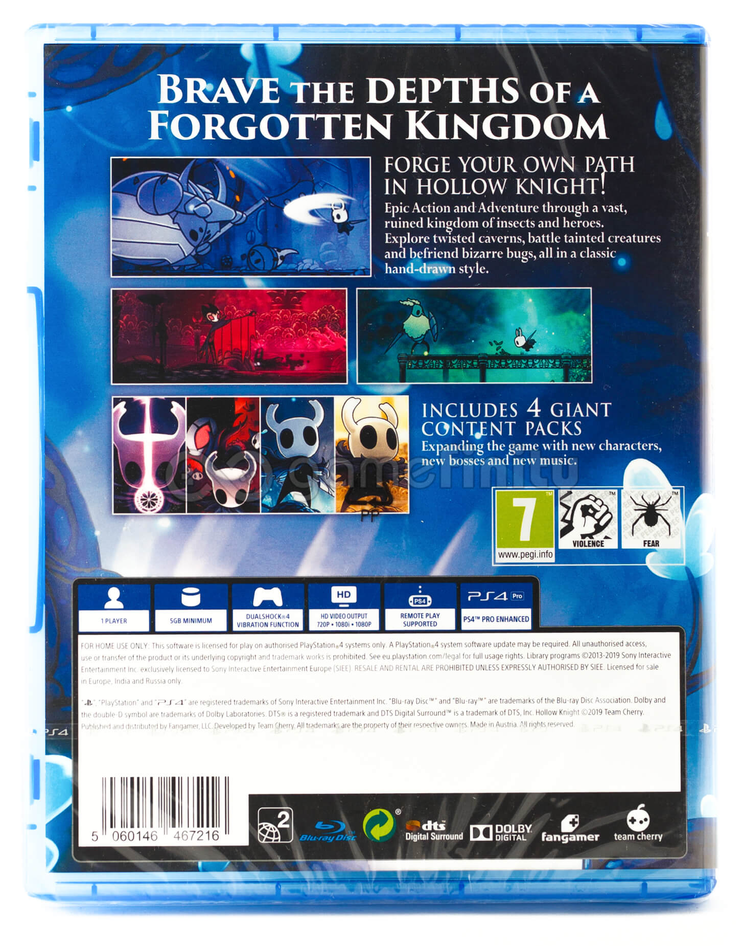 Pudełko gry Hollow Knight PS4 ze scenami i logo.