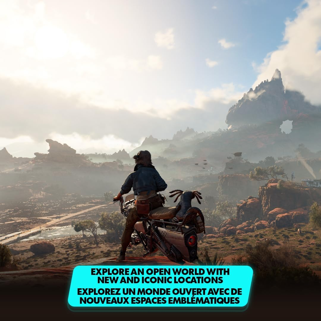 Osoba na futurystycznym motocyklu patrzy na rozległy, górzysty krajobraz.