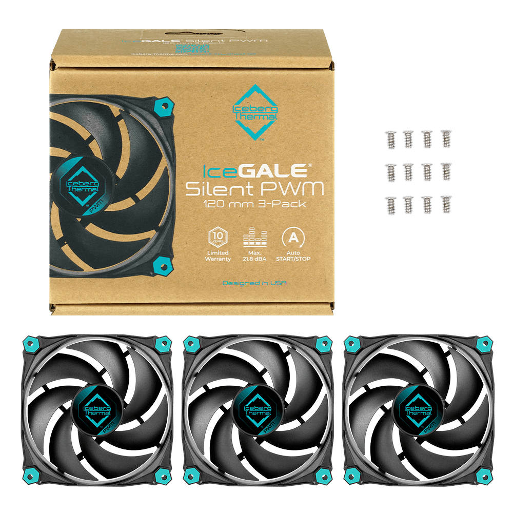 Tres ventiladores Iceberg Thermal con acentos azules y un paquete de tornillos.