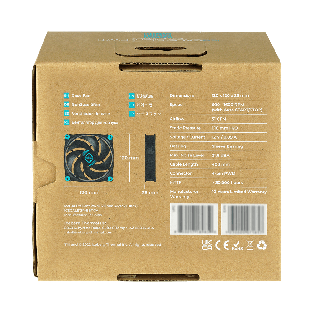 Caja de ventilador PC 120mm con especificaciones, medidas y etiquetas multilingües.