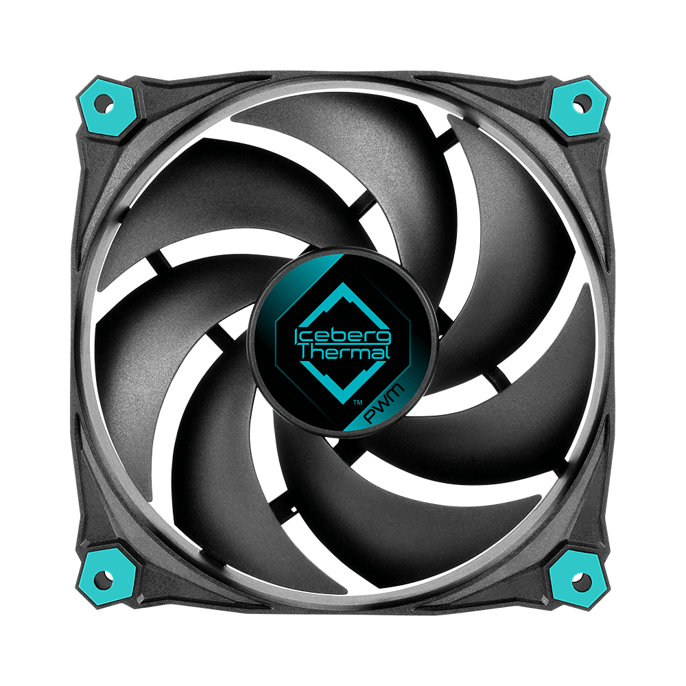 Ventilador negro con acentos turquesa y logo.