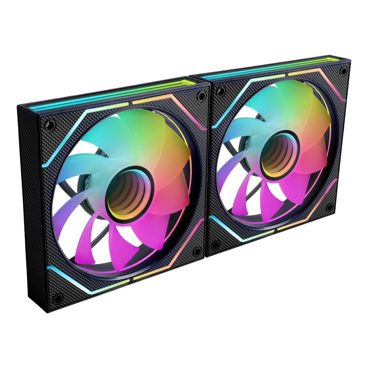 Due ventole RGB per PC con pale colorate e cornici nere.